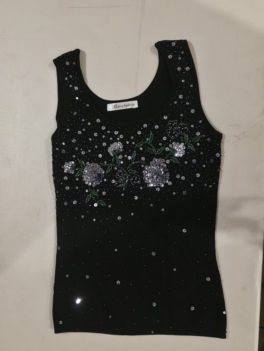Betsy Fashion Black Sequin Floral Tank Top